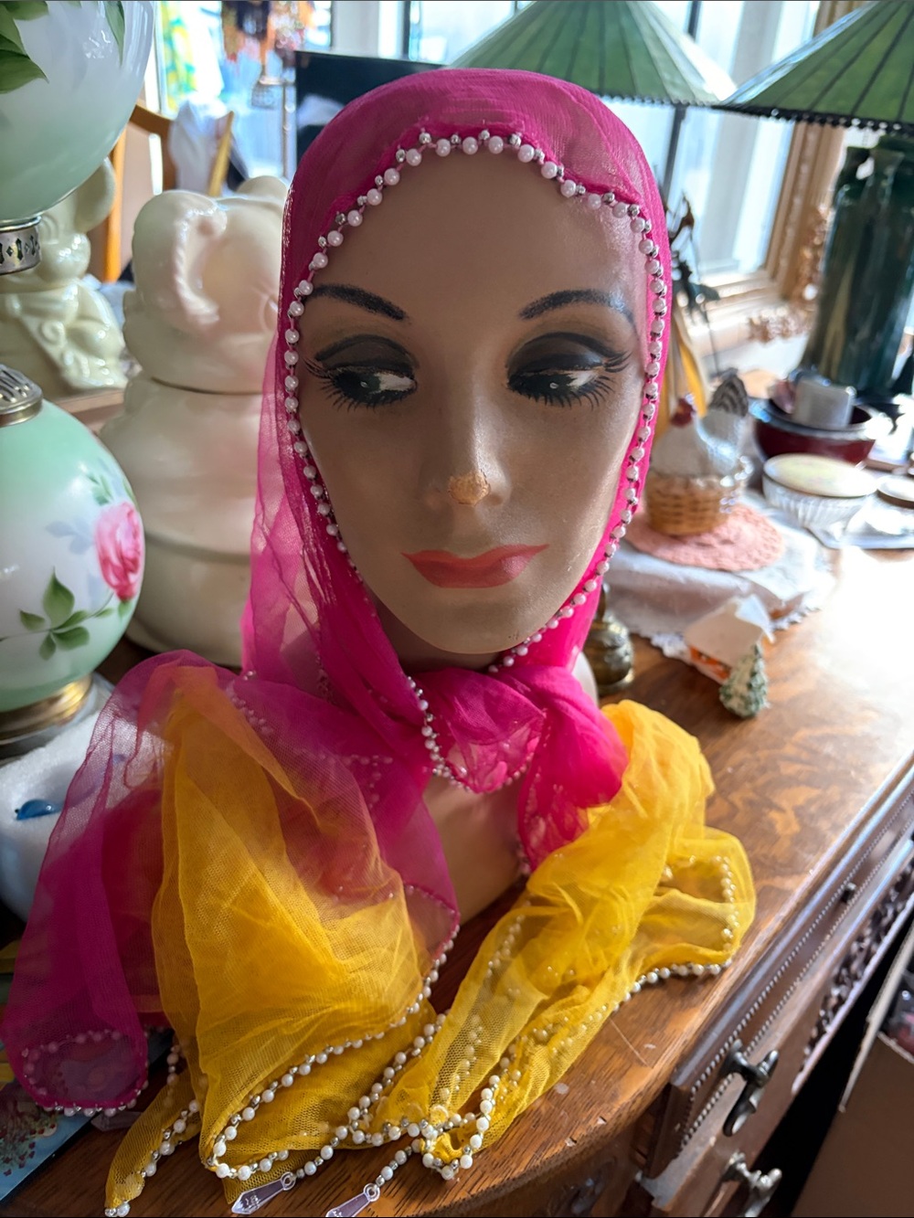 Bright Pink and Yellow Beaded Sheer Scarf - Women's Wrap